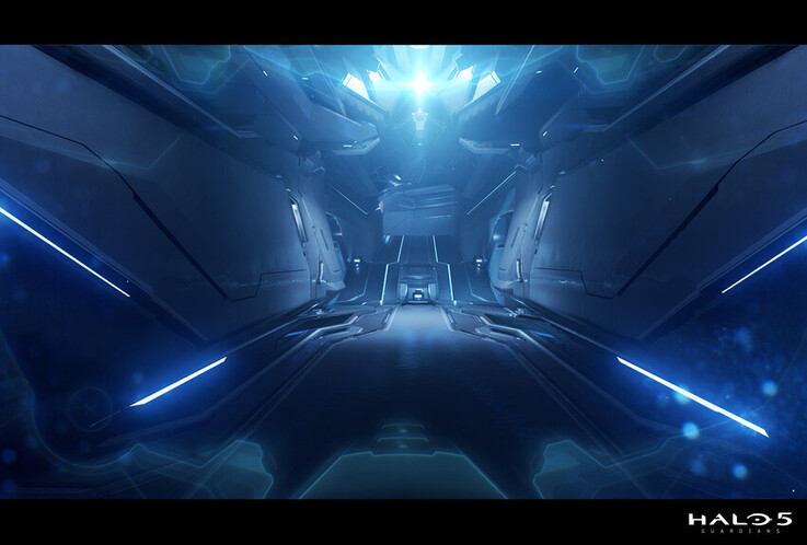 Deze Halo 5: Guardians gangscène maakt gebruik van scherpe symmetrie, lichtgevende accenten en diep perspectief om een strakke futuristische sfeer te creëren.