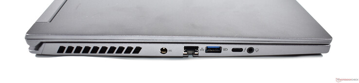 Linkerzijde: stroomaansluiting, RJ45, USB-A 3.2, Thunderbolt 4, 3,5 mm audio