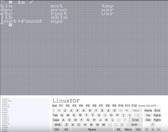 Console screenshot van LinuxPDF die de opdracht 'ls' uitvoert terwijl Linux binnen een PDF-bestand draait. (Afbeeldingsbron: Ading2210 op Github)