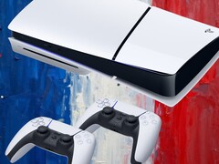 PS5-consoles getoond op achtergrond met Franse vlag