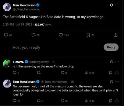 Reactie van Tom Henderson op het uitlekken van de starttijd van Battlefield 6 open bèta (Afbeelding bron: screenshot, Tom Henderson X-account)