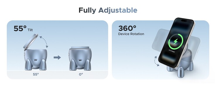 De Ugreen Uno raketvormige oplader kan een iPhone zowel staand als liggend opladen. (Afbeeldingsbron: Ugreen)