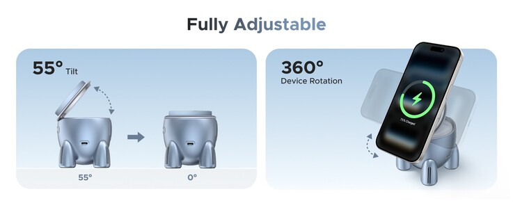 De Ugreen Uno raketvormige oplader kan een iPhone zowel staand als liggend opladen. (Afbeeldingsbron: Ugreen)