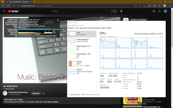 4K YouTube afspelen: weinig dropped frames en hoge bezettingsgraad van ~60% op de Intel Xe G7 80EUs