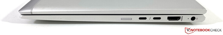 Rechts: Nano SIM, 2x USB-C met Thunderbolt 4 (USB 4, 40 Gb/s, DisplayPort 1.4, Power Delivery), HDMI 2.0b, voeding