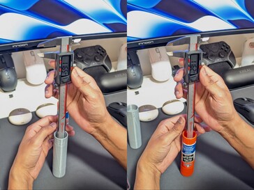 Meting van dieper gat tussen 3D-geprinte lijmstift (links) en originele lijmstift (rechts)