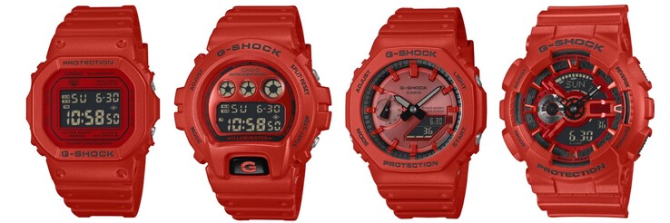 Van links naar rechts: de Casio G-Shock DW5600RRB-4, DW6900RRB-4, GA2100RRB-4A en GA110RRB-4A horloges. (Afbeeldingsbron: Casio, bewerkt)