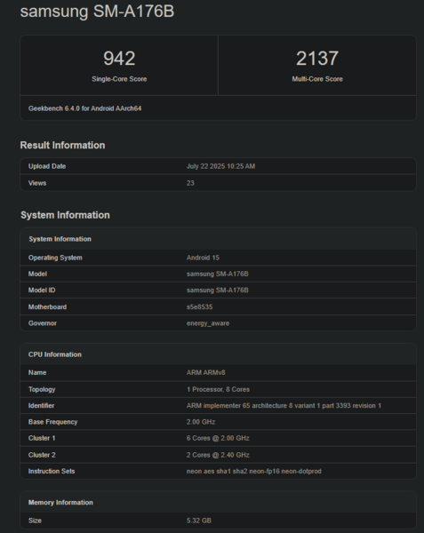 Galaxy A17 Geekbench notering (afbeeldingsbron: Geekbench)