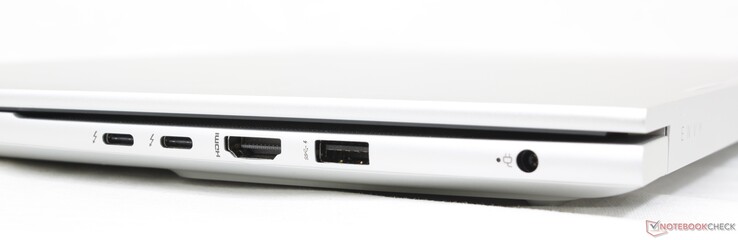 Rechts: 2x USB-C w/ Thunderbolt 4 + DisplayPort 1.4, HDMI 2.1, USB-A 10 Gbps, AC-adapter