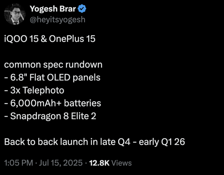 Uitgelekte details van de OnePlus 15 en iQoo 15. (Afbeelding bron: X)