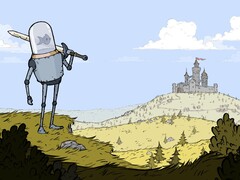 Afbeelding uit het spel Feudal Alloy met een ridder met een aquariumhoofd en een kasteel op de achtergrond. (Afbeeldingsbron: Steam)