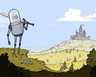 Afbeelding uit het spel Feudal Alloy met een ridder met een aquariumhoofd en een kasteel op de achtergrond. (Afbeeldingsbron: Steam)