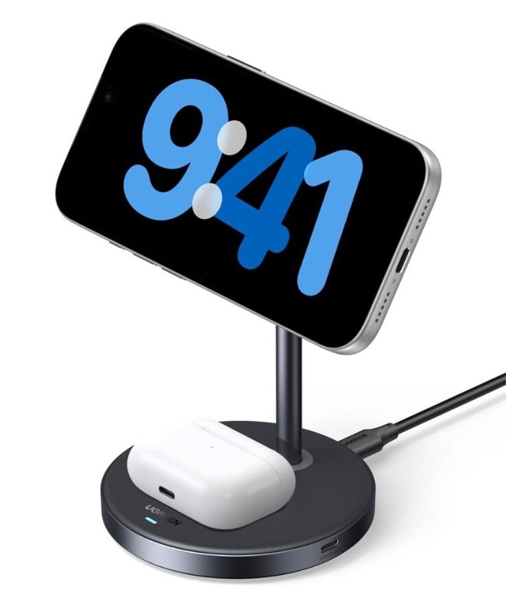 Een afbeelding van de nieuwe Ugreen Zapix Qi2 15W 2-in-1 draadloze oplader.