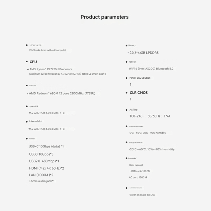 Volledige specificaties van de mini PC (Afbeelding bron: Beelink - machine vertaald)
