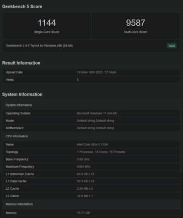 Intel Core Ultra 5 135H Geekbench prestaties (afbeelding via Geekbench)