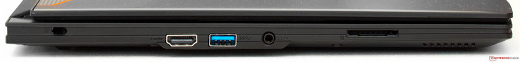 Left side: Kensington lock, HDMI, USB 3.0, audio in/out, SD card