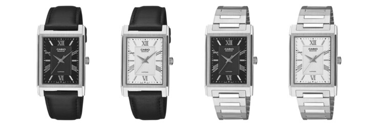 Van links naar rechts: de Casio BMS-105D-1A, BMS-105D-7A, BMS-105L-1A en BMS-105L-7A horloges