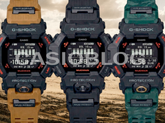Afgebeeld - de Casio G-Shock GDG-B100-1 (geheel zwart), GDG-B100-1A3 (zwart met groen camo bandje), en GDG-B100-1A5 (zwart met zandkleurig bandje).
