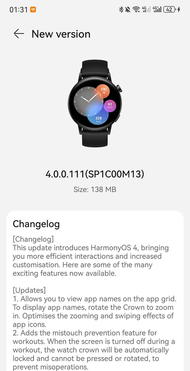 Een screenshot van update versie 4.0.0.111 (SP1C00M13) voor de Huawei Watch GT 3. (Afbeelding bron: Huawei Central)
