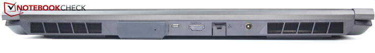 Achterkant: poort voor vloeistofkoeling, USB-C 4.0 met Thunderbolt 4, HDMI, LAN, voeding
