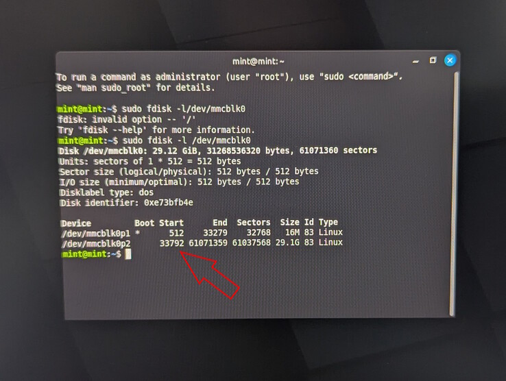 Noteer de startsector van de tweede partitie