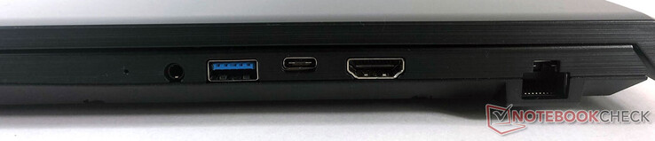 Rechts: 1x netwerk (RJ45), 1x HDMI, 1x USB 3.2 Gen 1 Type-C, 1x USB 3.2 Gen 1 Type-A, 1x combo audio