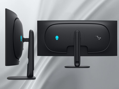 Zij- en achterkant van Alienware AW3926QW 5K OLED-monitor getoond