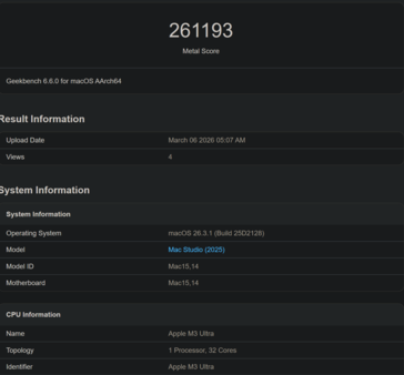 Apple M3 Ultra Geekbench Metaal