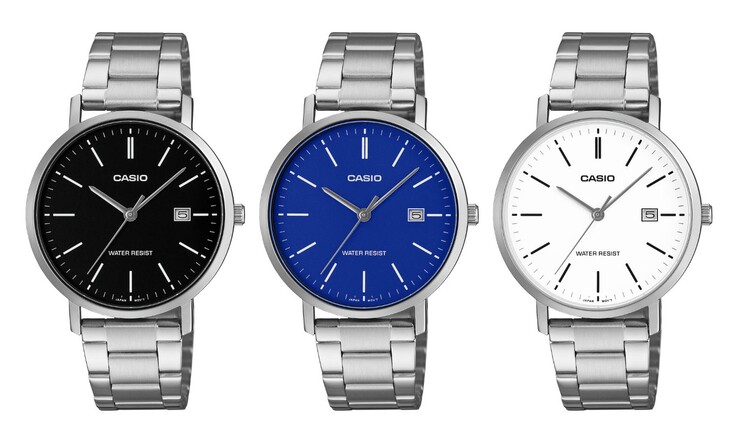 Van links naar rechts: de Casio MTP-VT05D-1E, MTP-VT05D-2E en MTP-VT05D-7E horloges