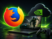 Gaming-laptop met een game op het scherm, met daarboven de merklogo’s van GeForce Now en Firefox