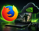 Gaming-laptop met een game op het scherm, met daarboven de merklogo’s van GeForce Now en Firefox