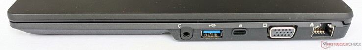 Rechterzijde: 3,5-mm audio-aansluiting, een USB-A 3.2 Gen 1-poort, Kensington beveiligingssleuf, VGA-uitgang, gigabit Ethernet-poort