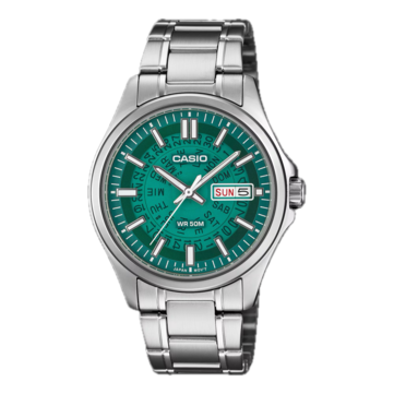 Casio /MTP-E740-3AV met een heldere, doorschijnende wijzerplaat in blauwgroen.