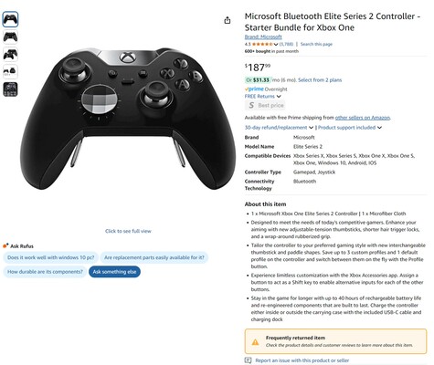 Microsoft Elite Series 2 Controller Amazon aanbieding (Afbeelding bron: screenshot, Amazon)