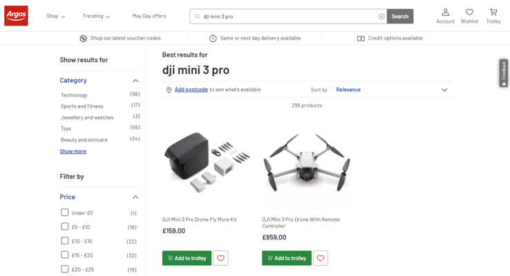 De Mini 3 Pro en de Fly More Kit zijn verkrijgbaar voor een gezamenlijke prijs van £1,018. (Afbeelding bron: Argos)