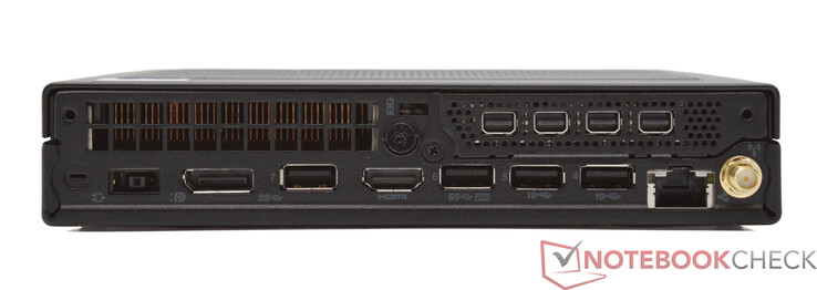 Achterpaneel: Voedingsconnector, DisplayPort 1.4, 2x 3.2 Gen-1 (5 GBit/s), HDMI 2.1 TMDS, 2x 3.2 Gen-2 (10 GBit/s), 10/100/1000 MBit (Intel I219-LM), 4x Mini DisplayPort 1.4a (Nvidia T1000), WLAN-antenne