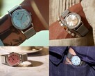 Timex x Todd Snyder Marlin Mesh-horloges met zilveren, aquablauwe en zalmkleurige wijzerplaten met sunburst-effect, afgebeeld zowel om de pols als los.