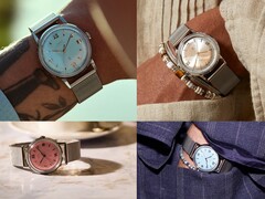 Timex x Todd Snyder Marlin Mesh-horloges met zilveren, aquablauwe en zalmkleurige wijzerplaten met sunburst-effect, afgebeeld zowel om de pols als los.