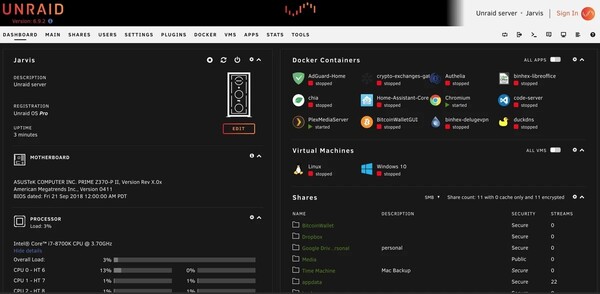 Hoewel het misschien minder gepolijst is dan Truenas, biedt Unraid een zeer functionele webinterface voor het beheren van elk aspect van uw NAS. (Bron: Unraid)