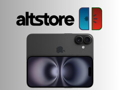 AltStore en meloNX logo&#039;s boven iPhone 16 (bron: Apple, AltStore, meloNX met bewerkingen)