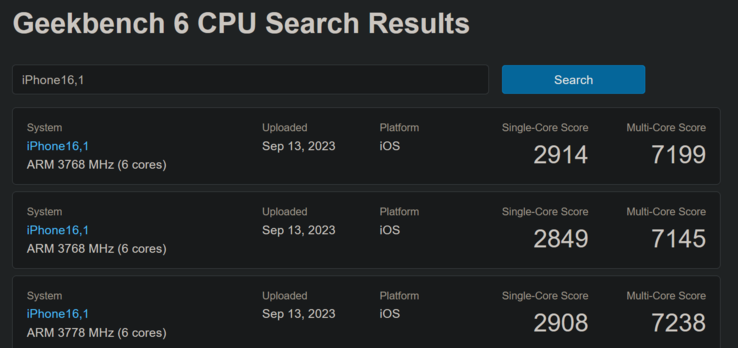 Apple A17 Pro Geekbench-lijst (afbeelding via Geekbench)