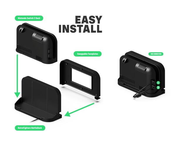 De BattleDock van Retro Fighter werkt met het officiële dock van de Nintendo Switch 2. (Afbeeldingsbron: Retro Fighters/Kickstarter)