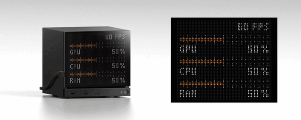 Het Jsaux Pixel Matrix-display wordt aangesloten via USB-C en toont live gegevens.