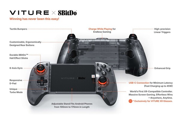DeViture x 8BitDo Ultimate Mobile Gaming Controller heeft een USB-C poort aan de bovenkant voor passthrough opladen. (Afbeeldingsbron: Viture)