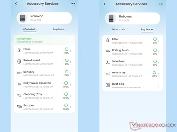 eufy app bewaakt onderhoud en vervanging van accessoires.