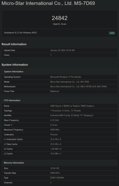 AMD Ryzen 5 8600G Geekbench score (afbeelding via Geekbench)