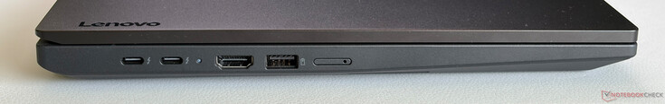 Links: 2x USB-C 4.0 met Thunderbolt 4 (40 Gbps, DisplayPort 1.4a, Power Delivery), HDMI 2.1, USB-A 3.2 Gen. 1 (5 Gbps, Altijd aan), Nano-SIM