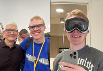 Apple influencer Sam Kohl ziet er opvallend korrelig en met een lang gezicht uit op deze foto met zijn Vision Pro. (Afbeelding: @iupdate)