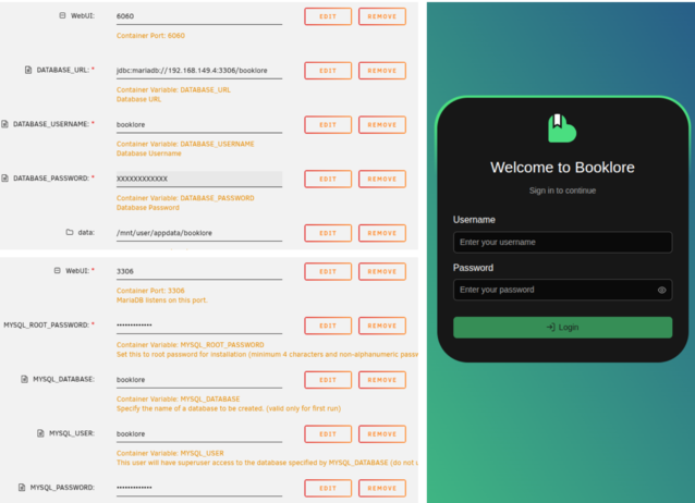 Linksboven: Unraid configuratie voor Booklore. Linksonder: Unraid configuratie voor MariaDB. Rechts: De inlogpagina van Booklore (AfbeeldingBron: Notebookcheck)