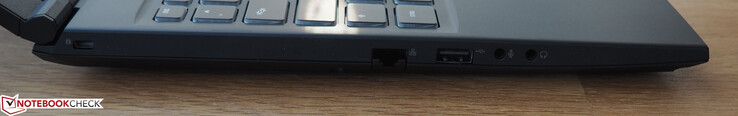 Left side: Kensington Lock, RJ45 LAN, USB 2.0 (Type A), microphone, headphones